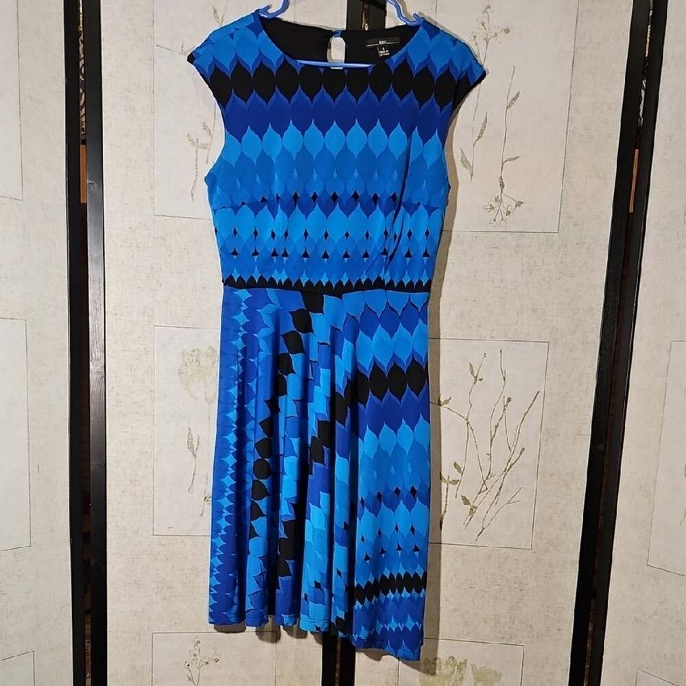 R&K Blue Asymmetrical Fit and Flare Dress with Cap Sleeves